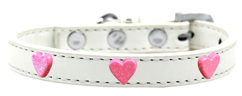 Pink Glitter Heart Widget Dog Collar White Size 10